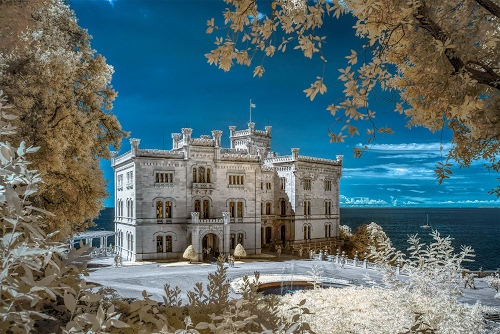 Immagine con castello, alberi, mare, cielo, finestre, bandiera, fontana, bianco, neve, torri, barca, inverno, acqua, nuvole, infrarosso, bifore, miramare, merli, fortificazioni, rami