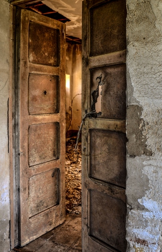Immagine con legno, porta, portone, muro, rudere, abbandono, degrado, rotto, detriti, rovine