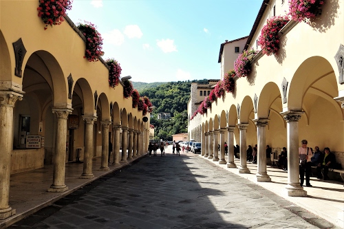 Immagine con colonne, fiori, portici, archi, persone, strada, alberi, cielo, ombra, auto, prospettiva, capitelli, vasi, piante, panchine, passanti, portico, automobili, beige