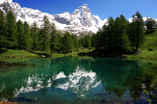 Immagine con lago, neve, alberi, riflesso, verde, montagna, montagne, acqua, cielo, bosco, cima, panorama, abeti, bianco, prato, cervino, azzurro