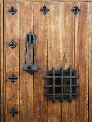 Immagine con porta, batacchio, legno, grata, ferro, portone