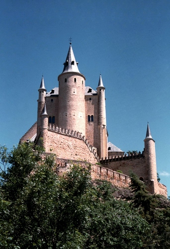 Immagine con castello, torri, alberi, merli, cielo, finestre, azzurro, torre, coni, foglie, mura, verde, guglie