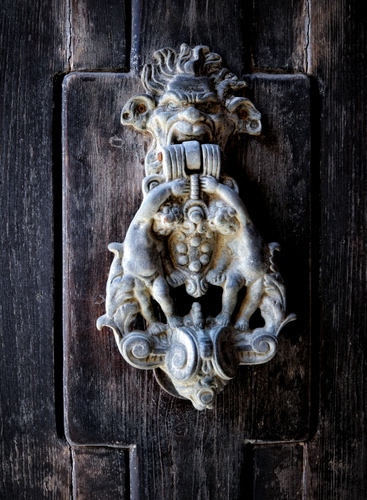 Immagine con legno, batacchio, portone, putti, porta, mascherone, metallo, battiporta, stemma, demone, ferro