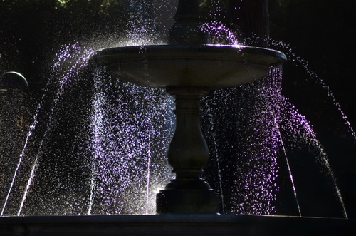 Immagine con fontana, gocce, acqua, zampilli, controluce, luce, notturno, notte, getti, spruzzi, luci