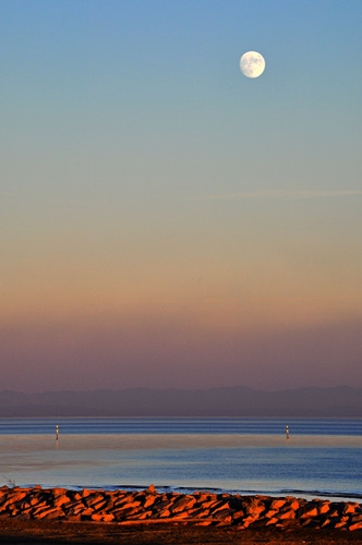 Immagine con luna, mare, spiaggia, acqua, tramonto, cielo, scogli, sabbia