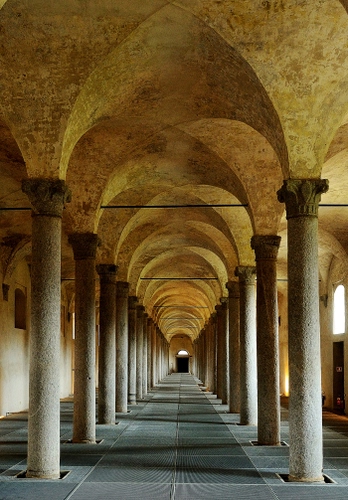 Immagine con prospettiva, colonne, archi, portico, portici, capitelli, chiesa, interno, corridoio, colonnato, ombre, porta