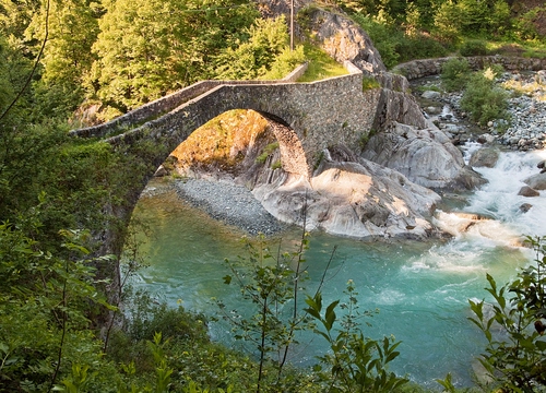 Immagine con ponte, fiume, acqua, piante, alberi, arco, rocce, verde, sassi, torrente, foglie, arcata, pietra, ghiaia, rami