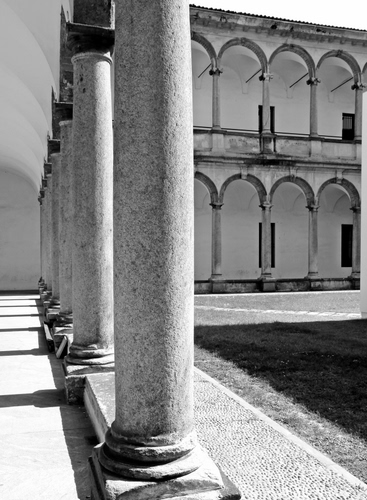 Immagine con colonne, archi, bianconero, ombre, portici, prato, portico, chiostro