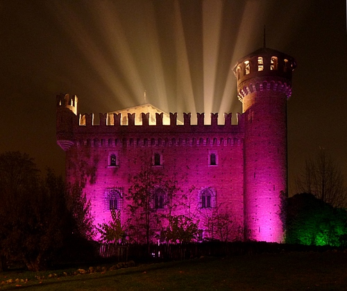 Immagine con castello, luci, rosa, merli, viola, torre, notturno, torri