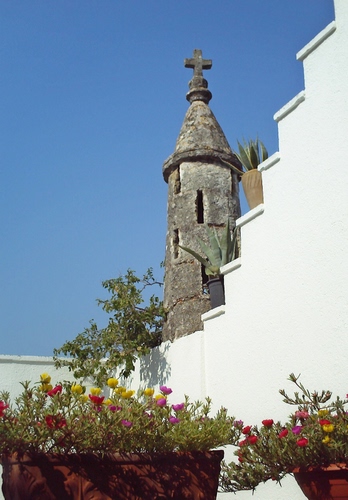 Immagine con fiori, croce, campanile, vasi, cielo, bianco, scala, piante, scale, gradini, azzurro, muro