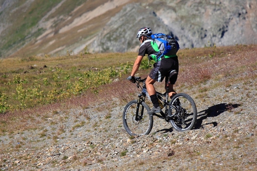 Immagine con bicicletta, zaino, ciclista, ruote, montagna, casco, montagne, sport, bici, ombra, sportivo, uomo, discesa, erba, prato