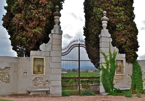 Immagine con cancello, alberi, verde, colonne, edera, edicole