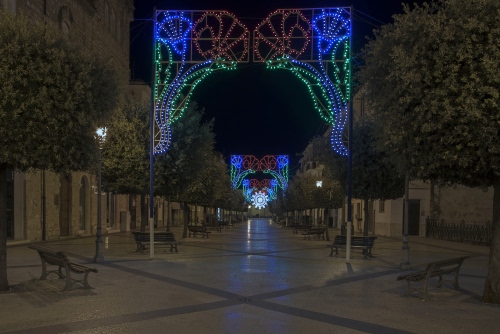 Immagine con panchine, alberi, luci, luminarie, strada, piazza, archi, decorazioni, natale, viale, notturno