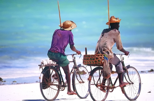 Immagine con biciclette, cappelli, mare, due, spiaggia, ruote, cielo, ciclisti