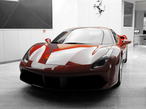 Immagine con ferrari, cavallino, rosso, auto, automobile, esposizione, macchina, fari, rossa