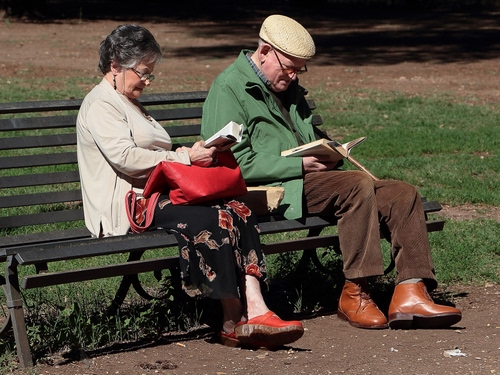 Immagine con panchina, anziani, due, libri, leggere, donna, parco, uomo, persone, borsa, lettura, coppia