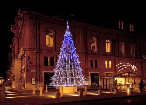 Immagine con albero, natale, luci, finestre, palazzo, stella, notturno, notte, presepe