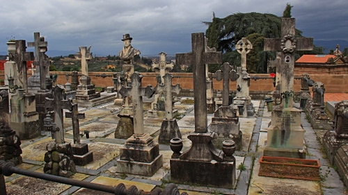 Immagine con croci, cimitero, tombe, nuvole, lapidi, statua, cielo, albero, alberi, tetto