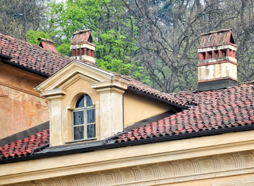 Immagine con comignoli, abbaino, finestra, tegole, tetto, tetti, alberi