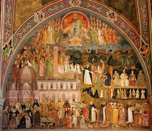 Immagine con affresco, chiesa, arco, dipinto, santi, cristo, angeli, cani, colori
