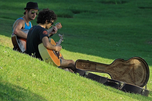 Immagine con prato, chitarre, musica, musicisti, chitarra, custodia, erba, ragazzi, suonare, verde, cappello, due