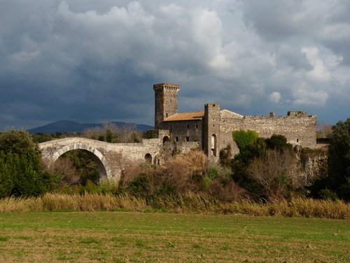 Immagine con ponte, castello, torre, nuvole, prato, fortezza, cielo