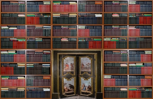 Immagine con libri, porta, libreria, scaffali, ante, volumi, dipinti, dipinto, biblioteca, colori, scaffale