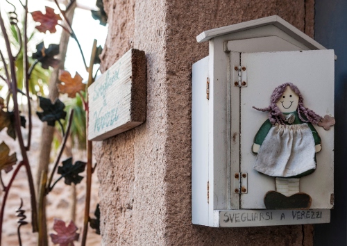 Immagine con cassetta, foglie, muro, posta, legno, pupazzo, scritta, bambola, bianco, rami, targa, sfocato, cerniere, tavoletta, porta, bambina, lettere, sportello