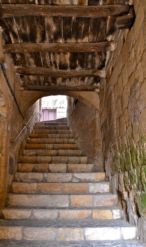 Immagine con scala, legno, vicolo, gradini, travi, pietra, salita, scalini, scale, passaggio, soffitto, arco, scorcio, sottopasso, muro