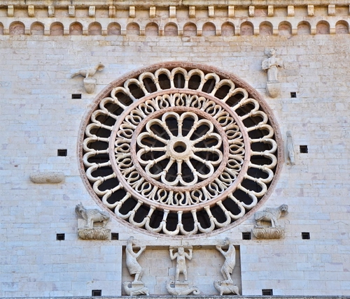 Immagine con rosone, chiesa, statue, sculture, animali, simboli, facciata, cerchio, cornice, archi, cerchi, decorazioni, fregi, marmo