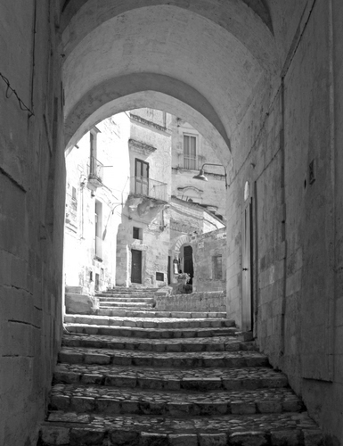 Immagine con arco, scala, vicolo, gradini, salita, portico, case, bianconero, scalini, porte, scalinata, paese, balcone, pietra