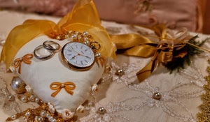 orologio, fedi, cuscino, anelli, cuore, perle, oro, gioielli, fiocco
