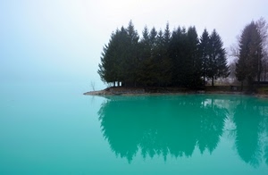 lago, acqua, alberi, verde, riflesso, pini, nebbia, riflessi, natura, azzurro, foschia