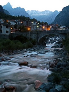 ponte, fiume, luci, acqua, montagne, sassi, paese, montagna, torrente