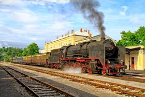 treno, stazione, binari, locomotiva, fumo, ferrovia, vapore, rotaie, alberi