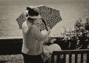 ombrello, bianconero, cappello, acqua, donna, panchina, donne, mare, staccionata, cappelli