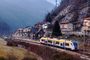 treno, binari, ferrovia, case, montagna, paese, pali, alberi