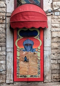 porta, rosso, tenda, disegno, murales, deserto, numero
