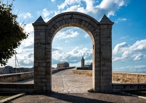 arco, nuvole, campanile, strada, cielo, ombra, blu, albero
