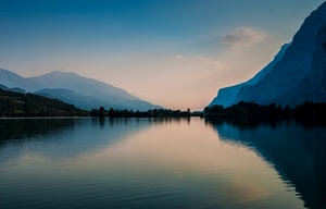 lago, acqua, montagne, alberi, riflesso, montagna, cielo, panorama, riflessi, tramonto