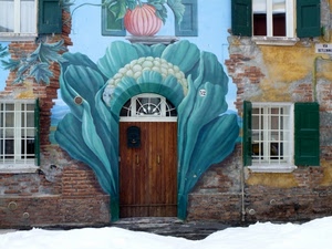 murales, porta, finestre, azzurro, zucca, portone, dipinto, neve