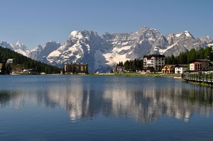 lago, montagne, neve, riflesso, riflessi, acqua, case, alberi, cielo