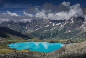 lago, nuvole, montagne, acqua, montagna, neve, panorama, azzurro, riflessi