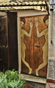 porta, legno, dipinto, nude, donne, figure, marrone, verde, tettoia, numero, cespuglio