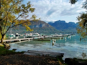 barche, lago, pontile, boe, alberi, acqua, montagna, montagne