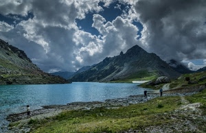 lago, nuvole, montagna, acqua, montagne, verde, cielo
