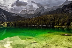lago, verde, alberi, montagne, nuvole, montagna, acqua, bosco, pineta