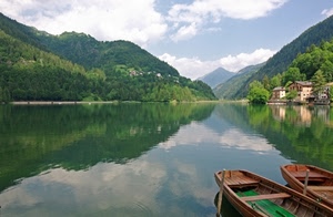 barche, lago, montagne, riflessi, case, acqua, monti, paesaggio, riflesso