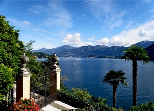 nuvole, lago, cancello, alberi, montagne, fiori, cielo, palme, acqua, verde, panorama, paesaggio, azzurro, barca, blu, villa, piante