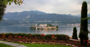 isola, lago, montagne, fiori, panorama, alberi, montagna, aiuola